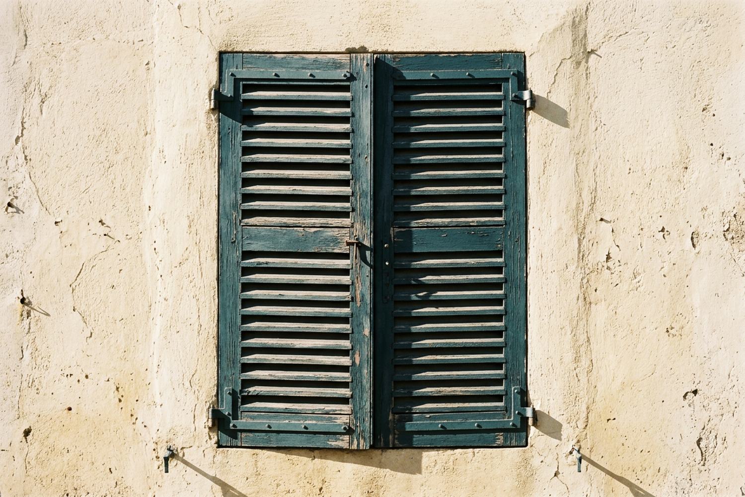 Closed louvred shutters casting a fine ladder of shadow on a plain wall.