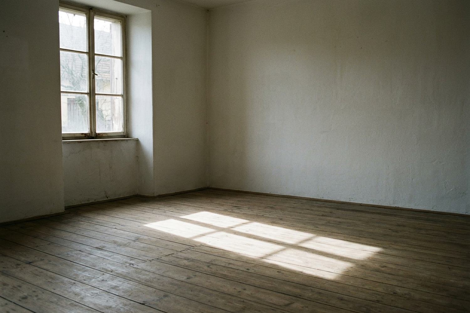 An empty room with bare walls and one tall window throwing light on floorboards.