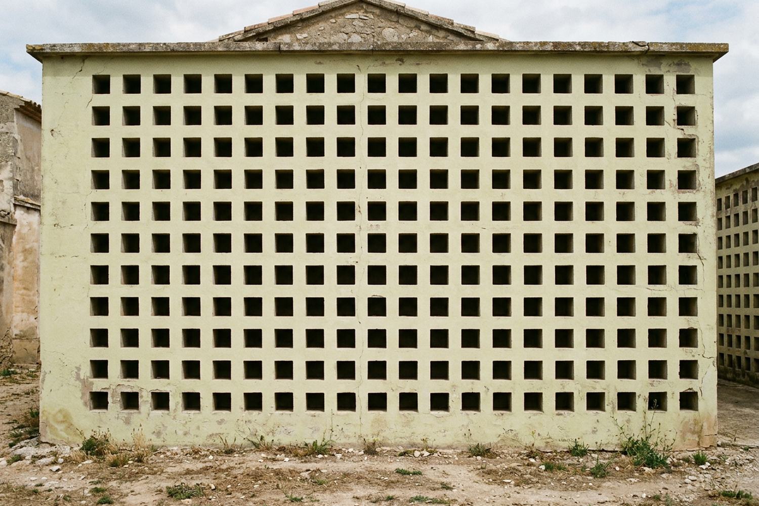 A grid of small empty square recesses in a pale plaster wall.