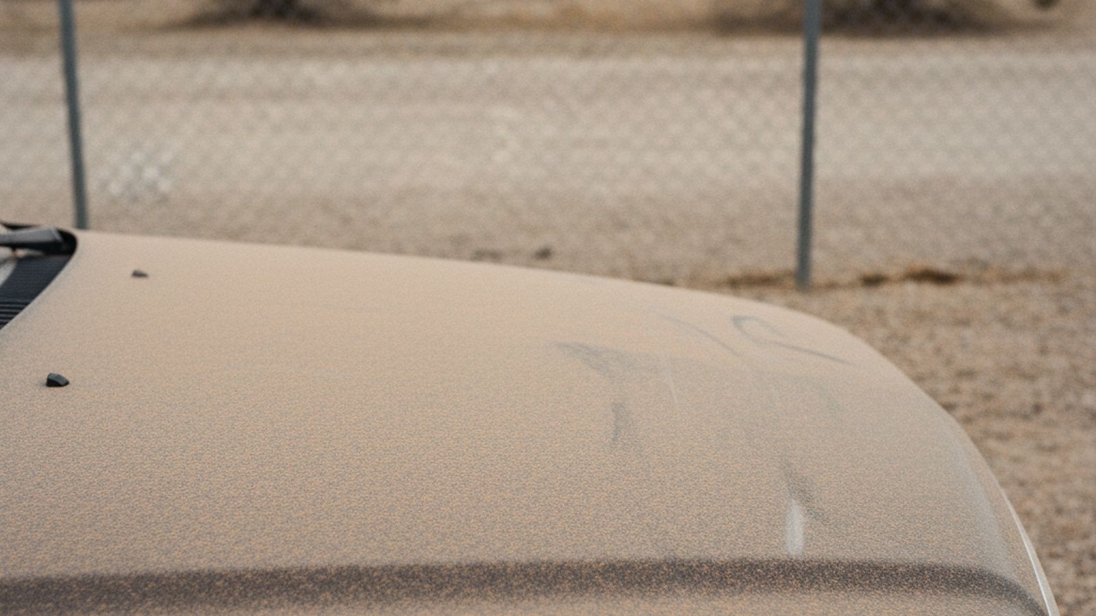A close view of a fine reddish dust film across the hood of a parked car after standing outdoors for several weeks, no badge, no lettering and no license plate in frame, flat overcast light