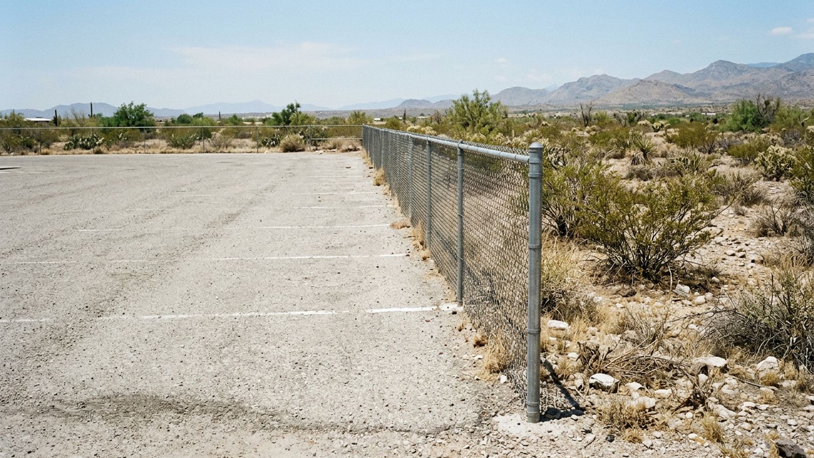 The edge of a graded gravel parking area meeting untended low desert scrub, a low chain link fence between them, dry ground and small brush, flat daylight, no vehicles, no people, no signage or lettering anywhere