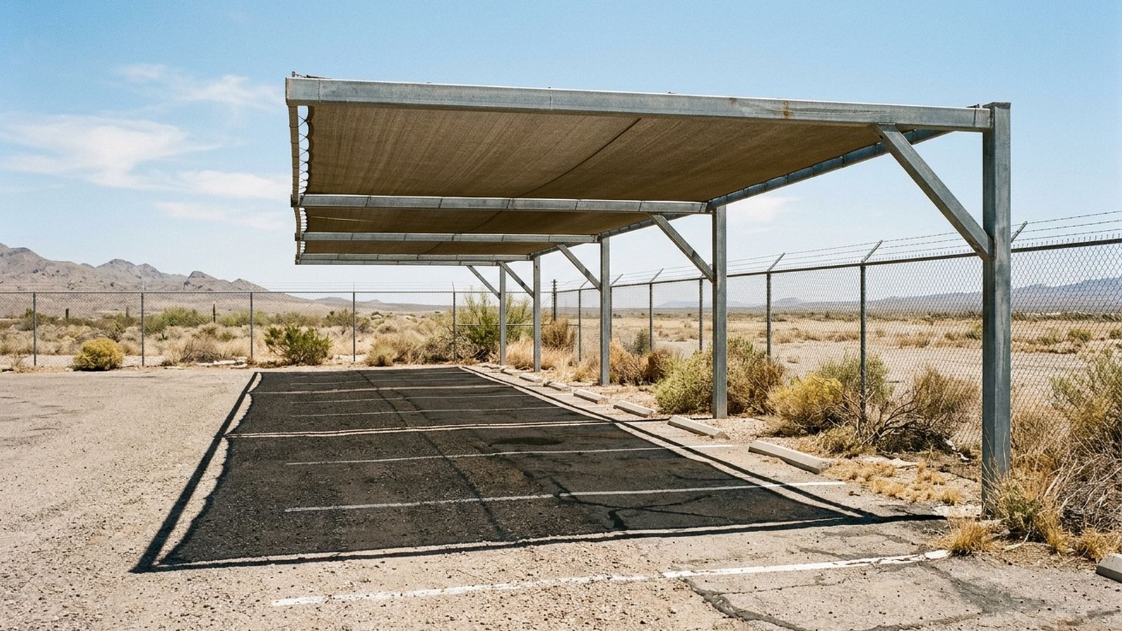 A steel frame carrying a mesh shade canopy over a row of empty marked parking stalls on graded desert ground, hard midday shadows, low scrub at the fence line, no vehicles, no people and no signage or lettering